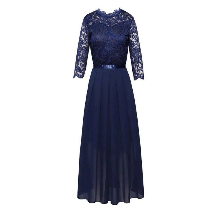 Women's Lace Bodice Quarter-Sleeve Maxi Formal Dresses Pleated Chiffon Gown