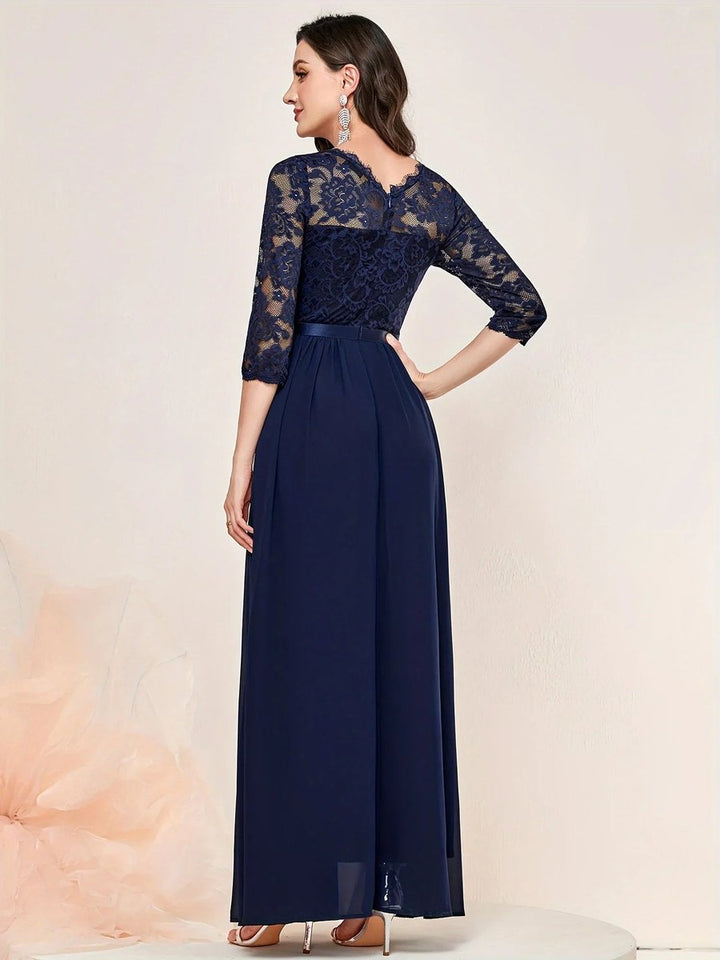 Women's Lace Bodice Quarter-Sleeve Maxi Formal Dresses Pleated Chiffon Gown
