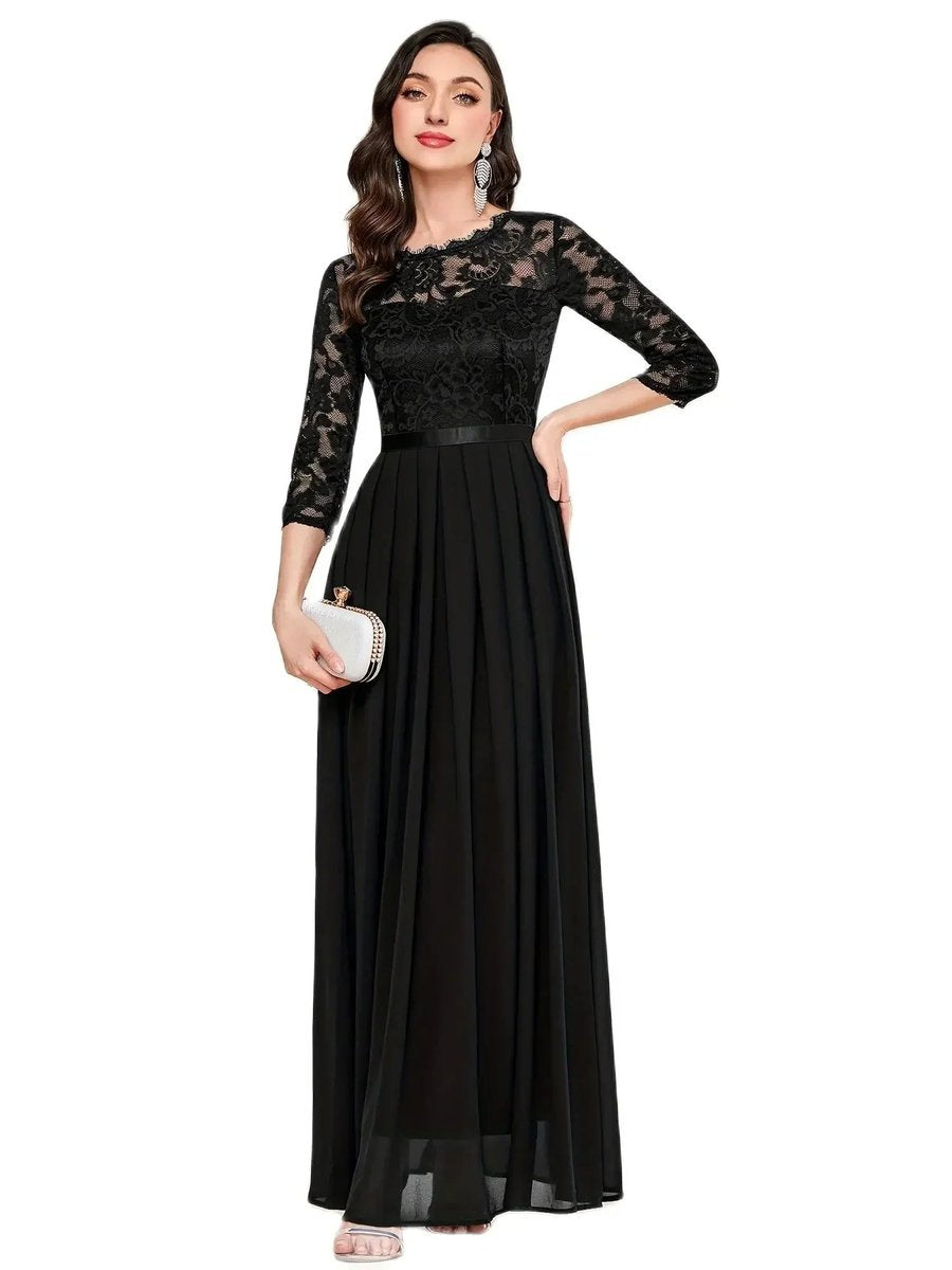 Women's Lace Bodice Quarter-Sleeve Maxi Formal Dresses Pleated Chiffon Gown