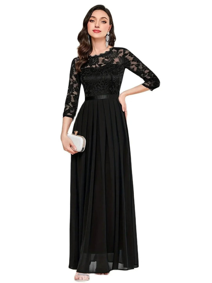 Women's Lace Bodice Quarter-Sleeve Maxi Formal Dresses Pleated Chiffon Gown