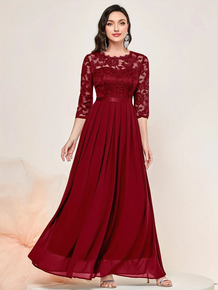 Women's Lace Bodice Quarter-Sleeve Maxi Formal Dresses Pleated Chiffon Gown