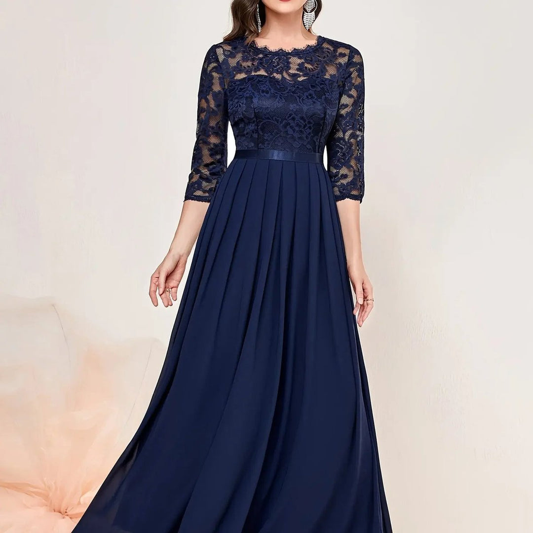 Women's Lace Bodice Quarter-Sleeve Maxi Formal Dresses Pleated Chiffon Gown - Blue