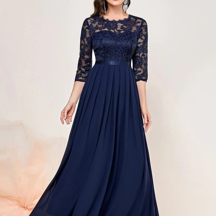 Women's Lace Bodice Quarter-Sleeve Maxi Formal Dresses Pleated Chiffon Gown - Blue
