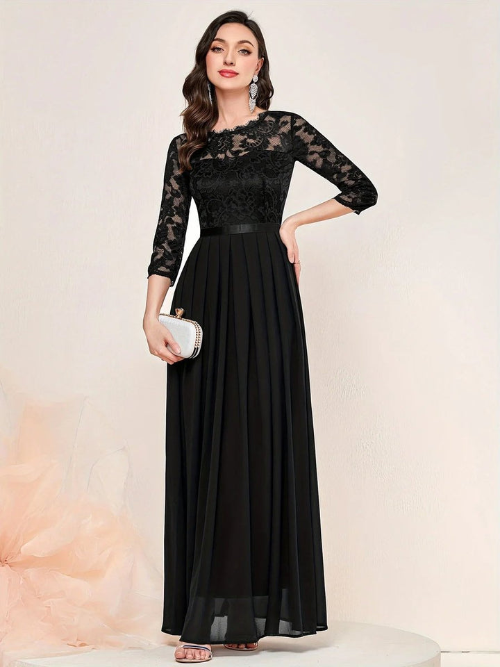 Women's Lace Bodice Quarter-Sleeve Maxi Formal Dresses Pleated Chiffon Gown - Black