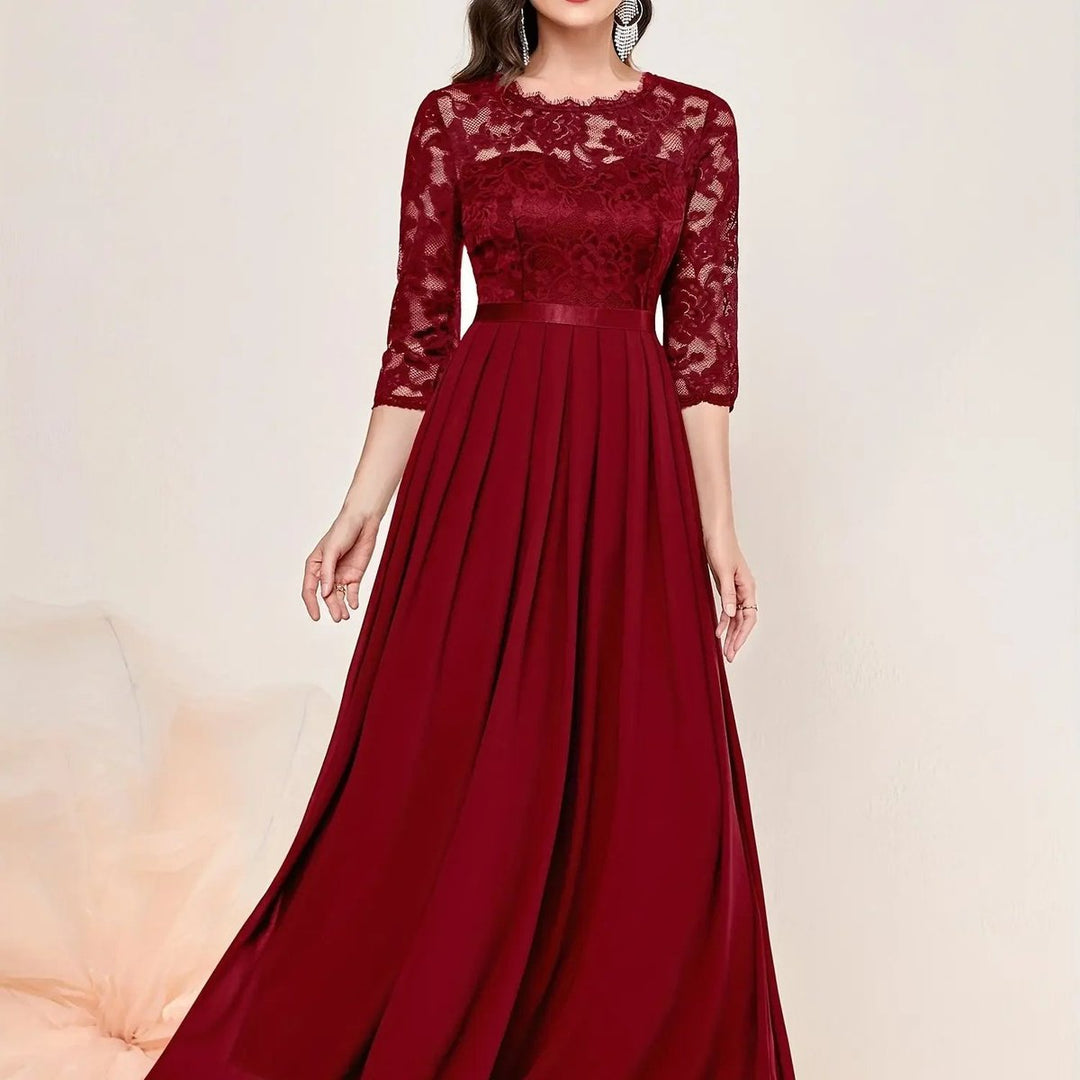 Women's Lace Bodice Quarter-Sleeve Maxi Formal Dresses Pleated Chiffon Gown - Red