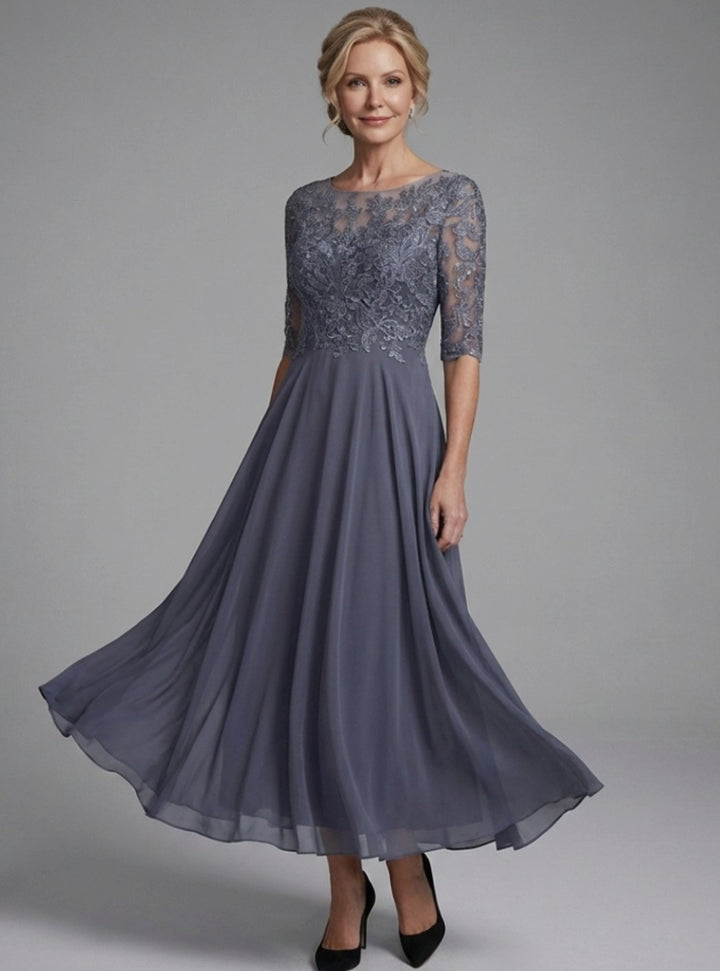 Women's Lace Bodice Sheer Three-Quarter Sleeve Midi Dress - Blue