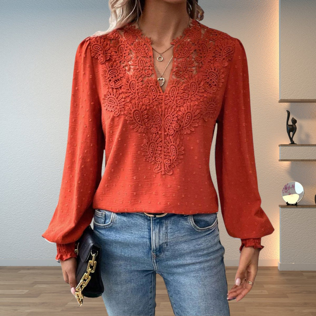 Women's Lace-Bodice V-Neck Long-Sleeve Lightweight Blouse - Terracotta