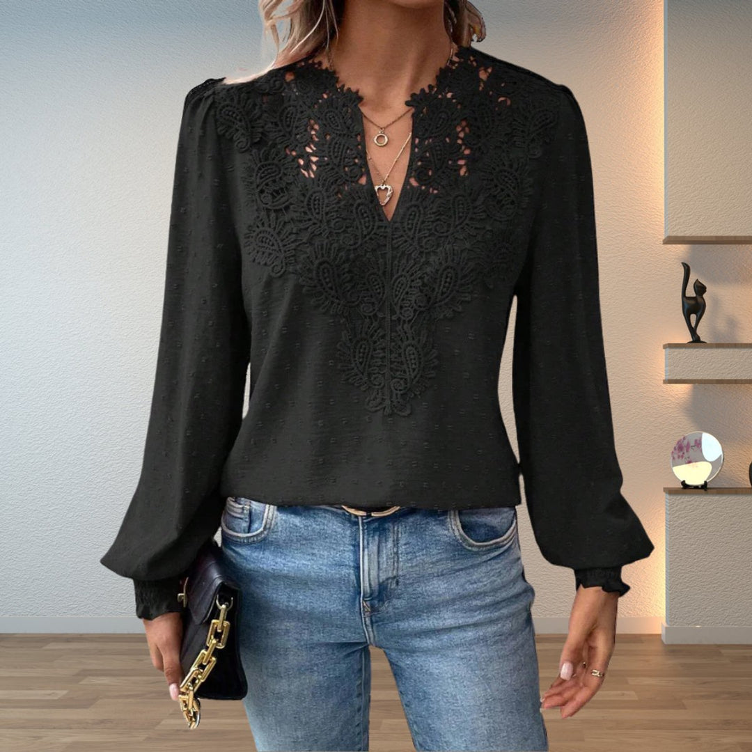 Women's Lace-Bodice V-Neck Long-Sleeve Lightweight Blouse - Black