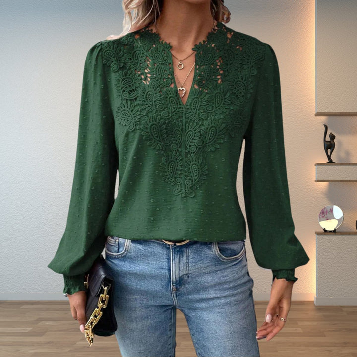 Women's Lace-Bodice V-Neck Long-Sleeve Lightweight Blouse - Dark Green