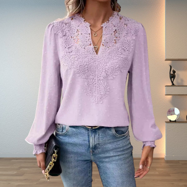 Women's Lace-Bodice V-Neck Long-Sleeve Lightweight Blouse - Light Purple