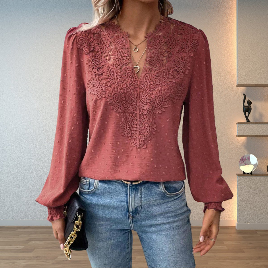 Women's Lace-Bodice V-Neck Long-Sleeve Lightweight Blouse - Dusty Pink