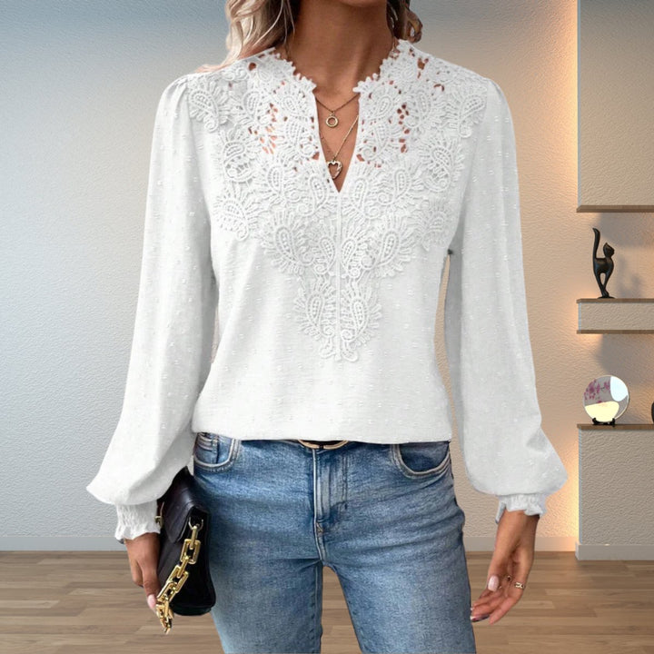 Women's Lace-Bodice V-Neck Long-Sleeve Lightweight Blouse - White