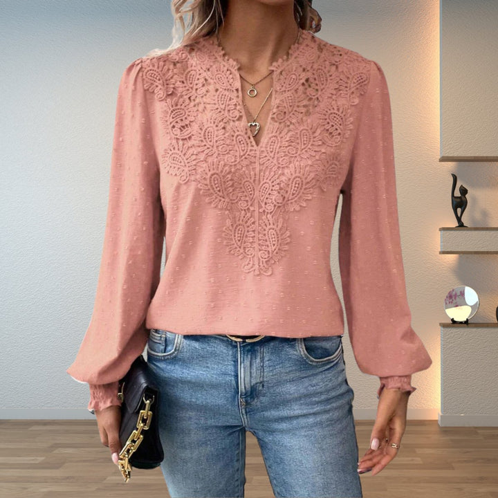 Women's Lace-Bodice V-Neck Long-Sleeve Lightweight Blouse - Pink
