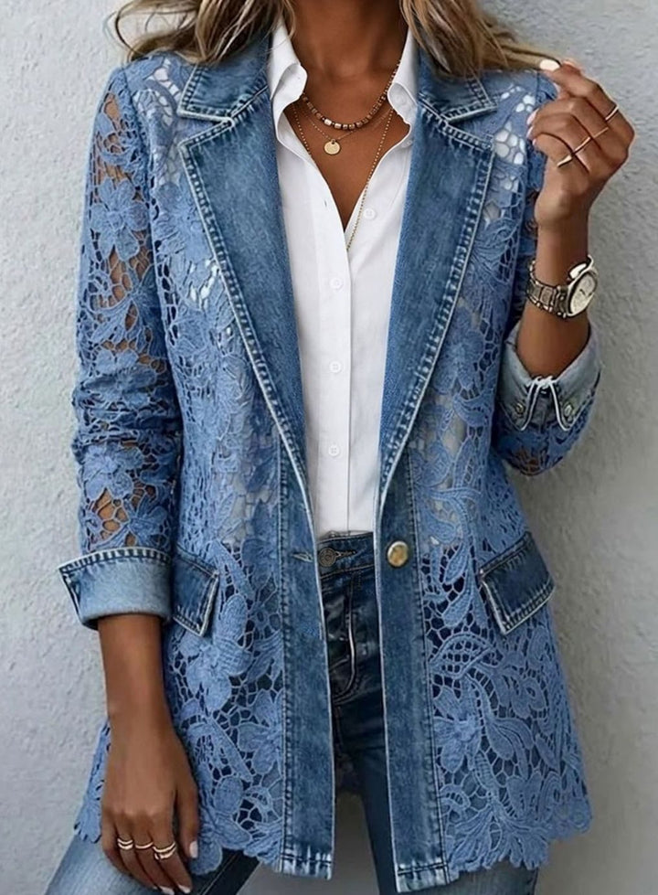 Women's Lace Floral Panel Denim Open-Front Blazer - Denim Blue