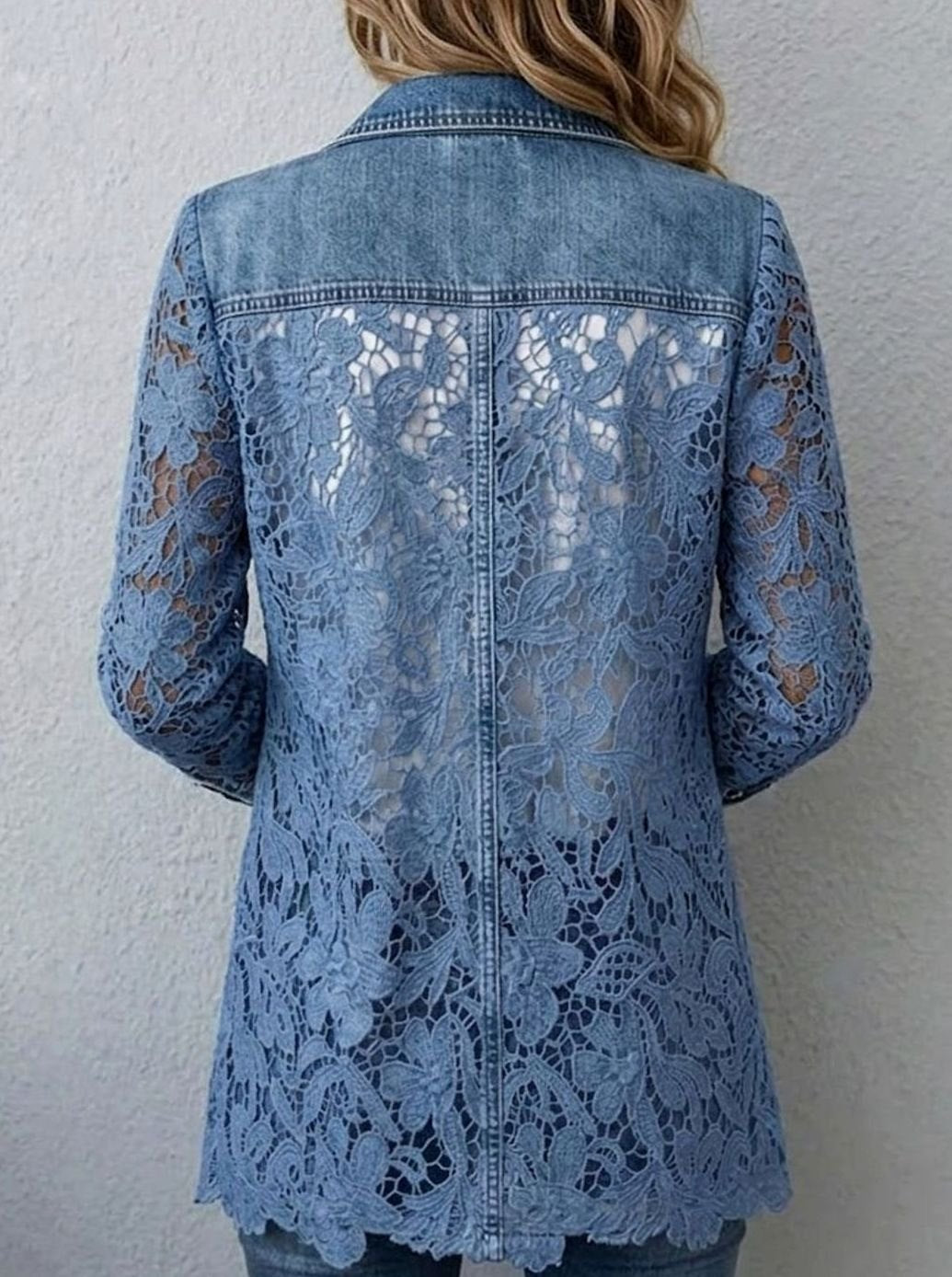Women's Lace Floral Panel Denim Open-Front Blazer