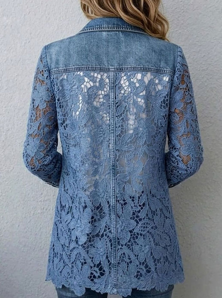Women's Lace Floral Panel Denim Open-Front Blazer