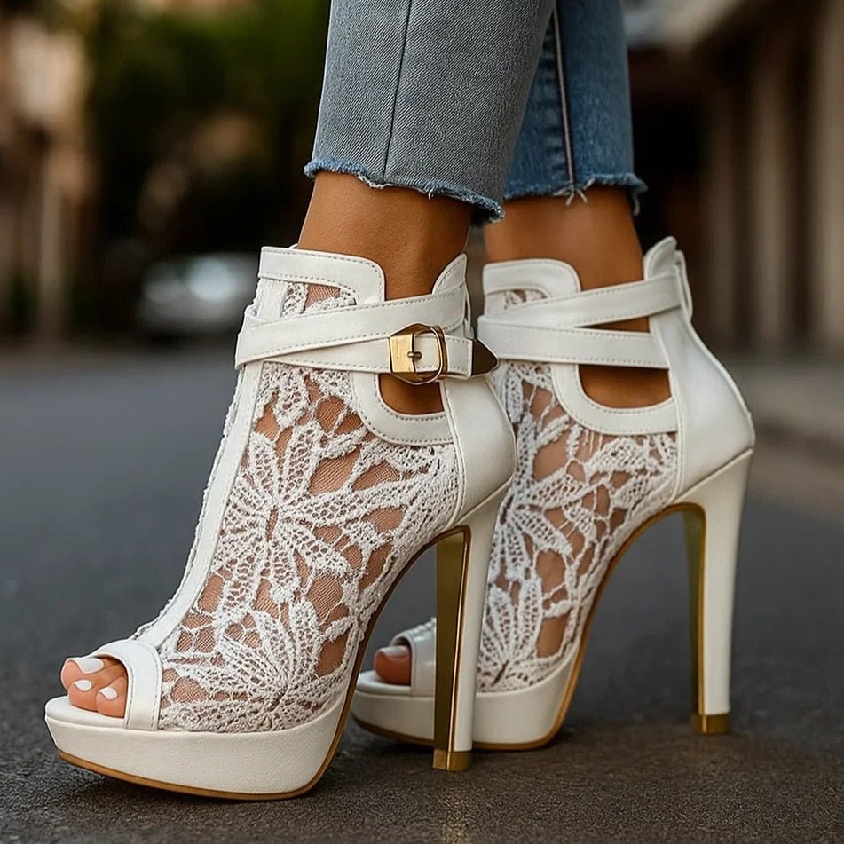 Women's Lace Floral Peep-Toe Stiletto Ankle Strap Heels
