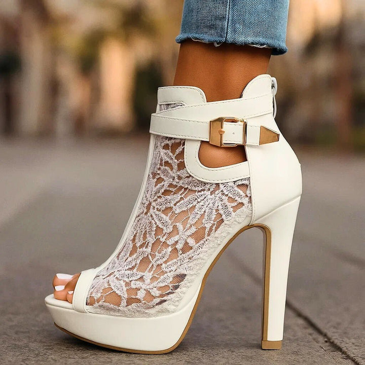 Women's Lace Floral Peep-Toe Stiletto Ankle Strap Heels - Ivory White