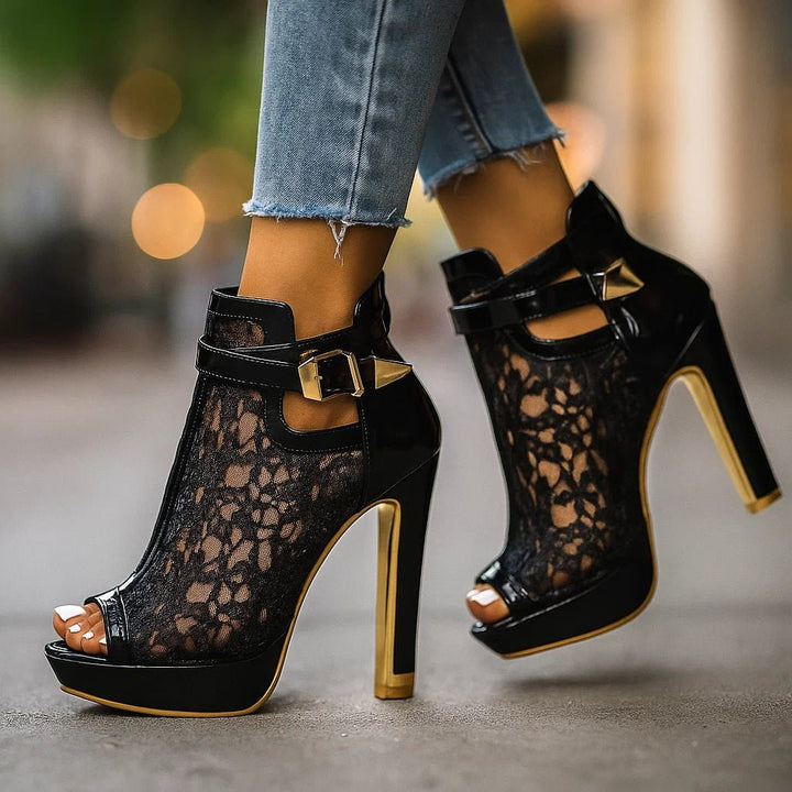 Women's Lace Floral Peep-Toe Stiletto Ankle Strap Heels