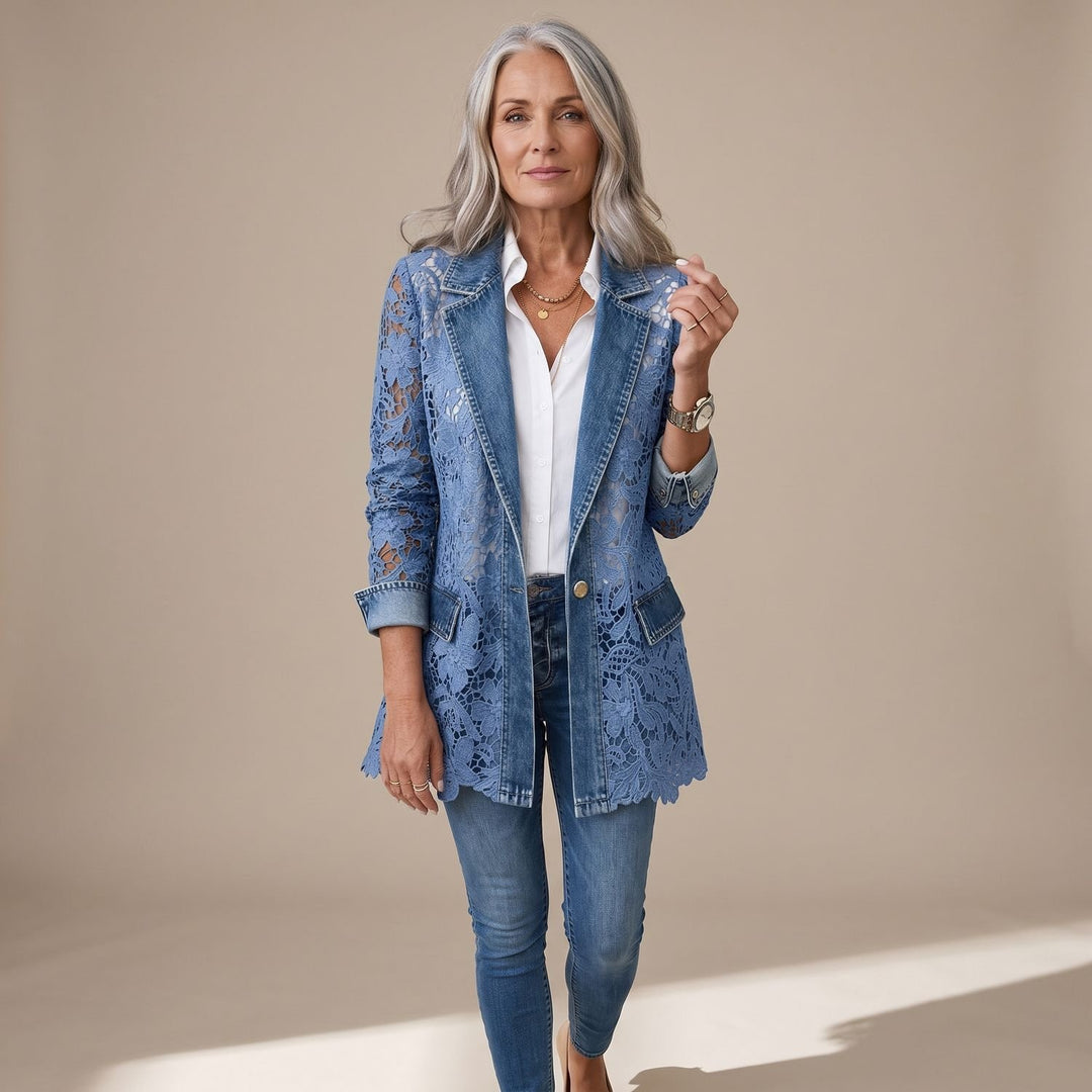 Women's Lace Panel Denim Blazer Jacket Scalloped Hem - Denim Blue