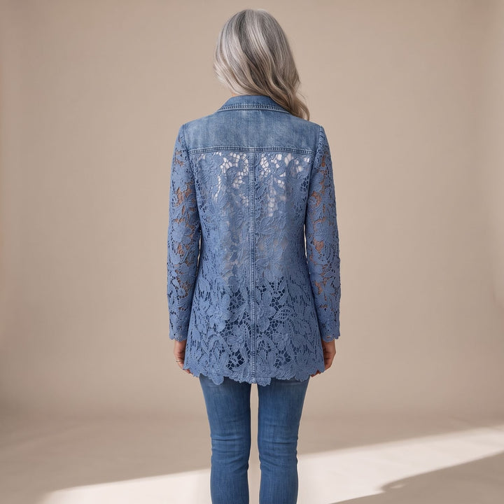Women's Lace Panel Denim Blazer Jacket Scalloped Hem