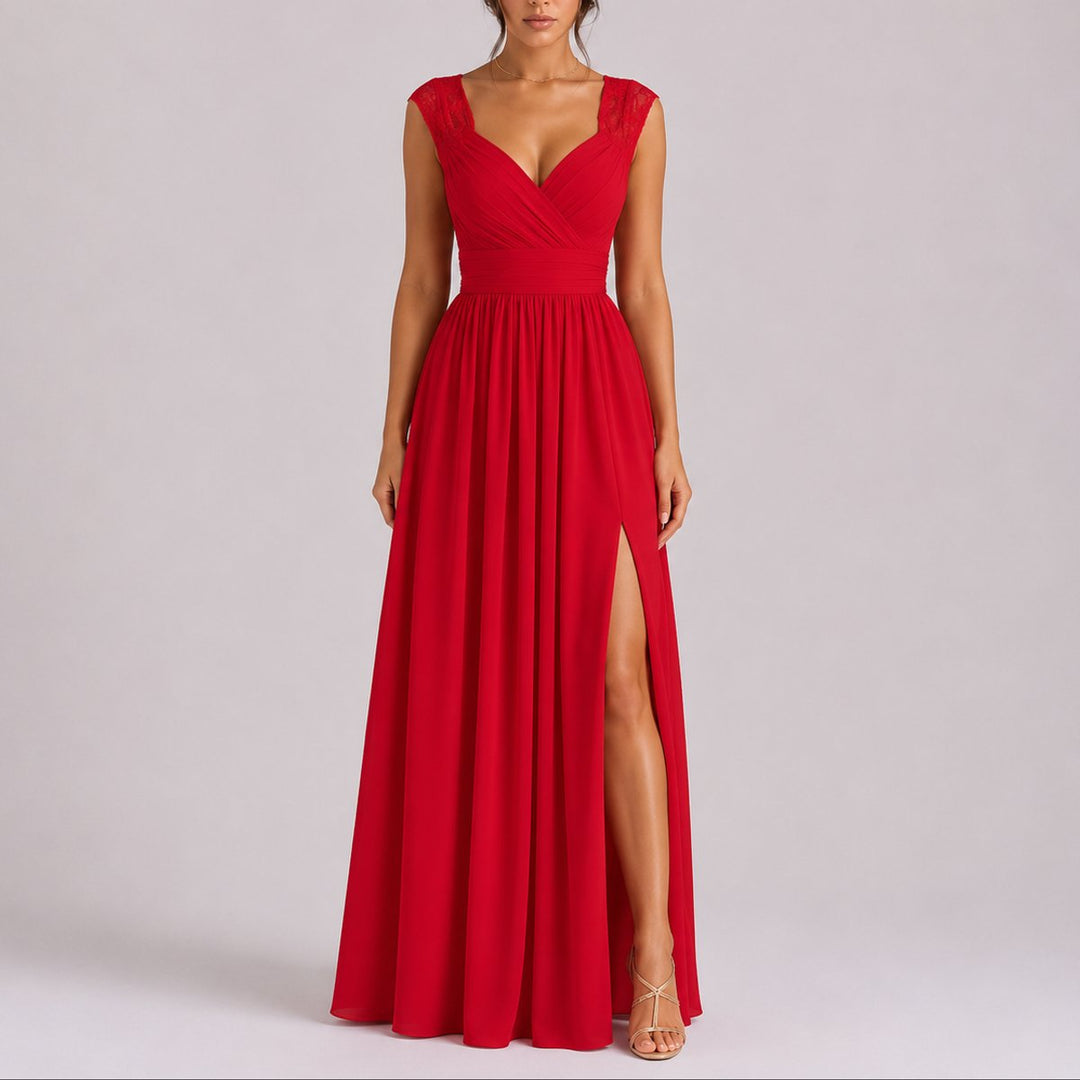 Women's Lace Shoulder V-Neck Chiffon Fall Wedding Guest Maxi Dress - Red