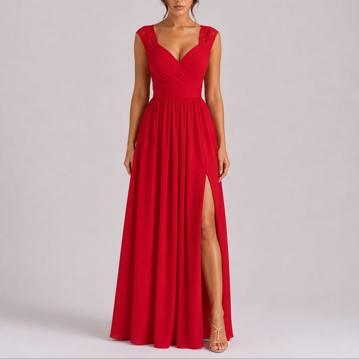 Women's Lace Shoulder V-Neck Chiffon Fall Wedding Guest Maxi Dress - Red