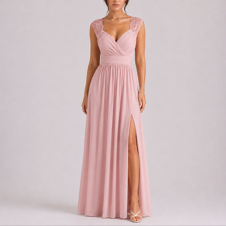 Women's Lace Shoulder V-Neck Chiffon Fall Wedding Guest Maxi Dress - Pink