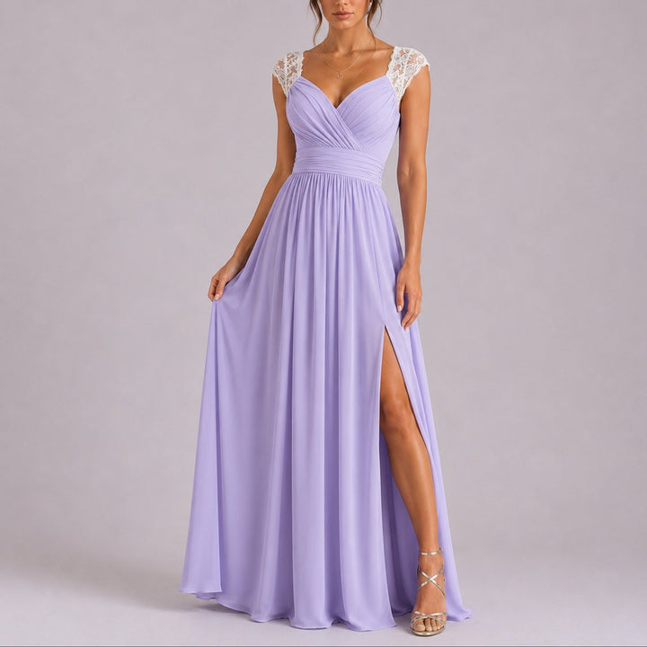 Women's Lace Shoulder V-Neck Chiffon Fall Wedding Guest Maxi Dress - Purple