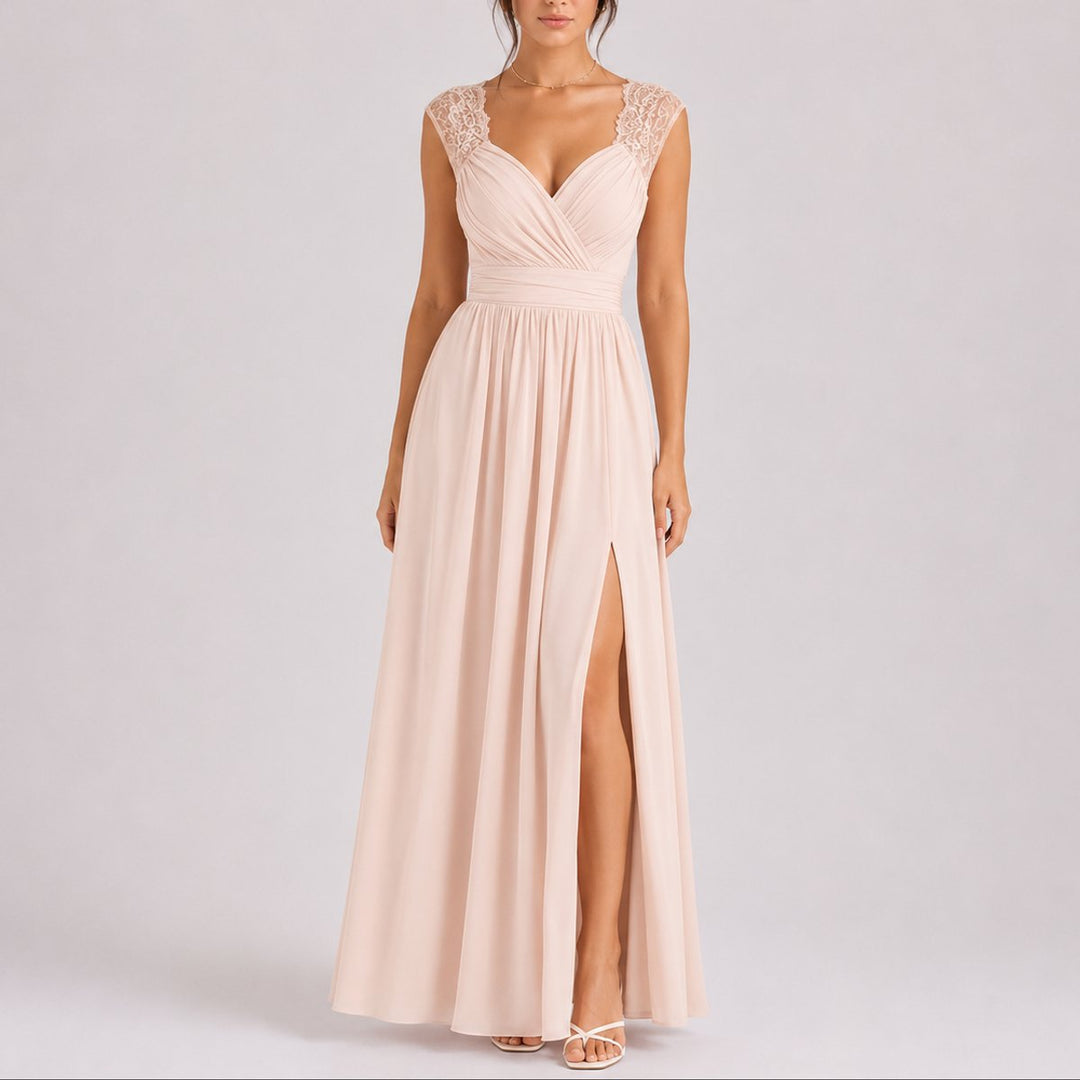 Women's Lace Shoulder V-Neck Chiffon Fall Wedding Guest Maxi Dress - Beige