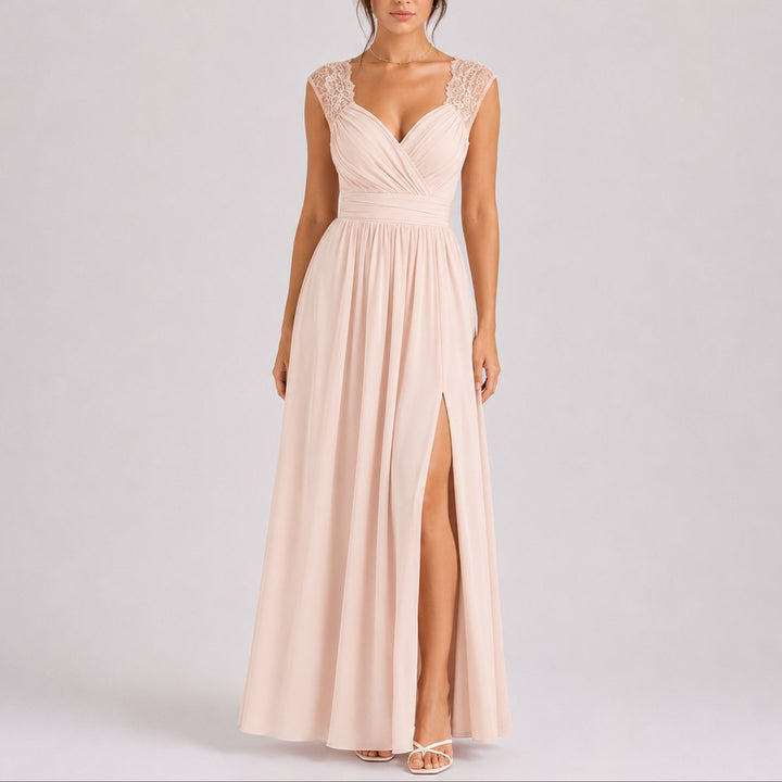 Women's Lace Shoulder V-Neck Chiffon Fall Wedding Guest Maxi Dress - Beige