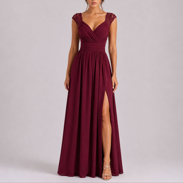 Women's Lace Shoulder V-Neck Chiffon Fall Wedding Guest Maxi Dress - Red Carpet