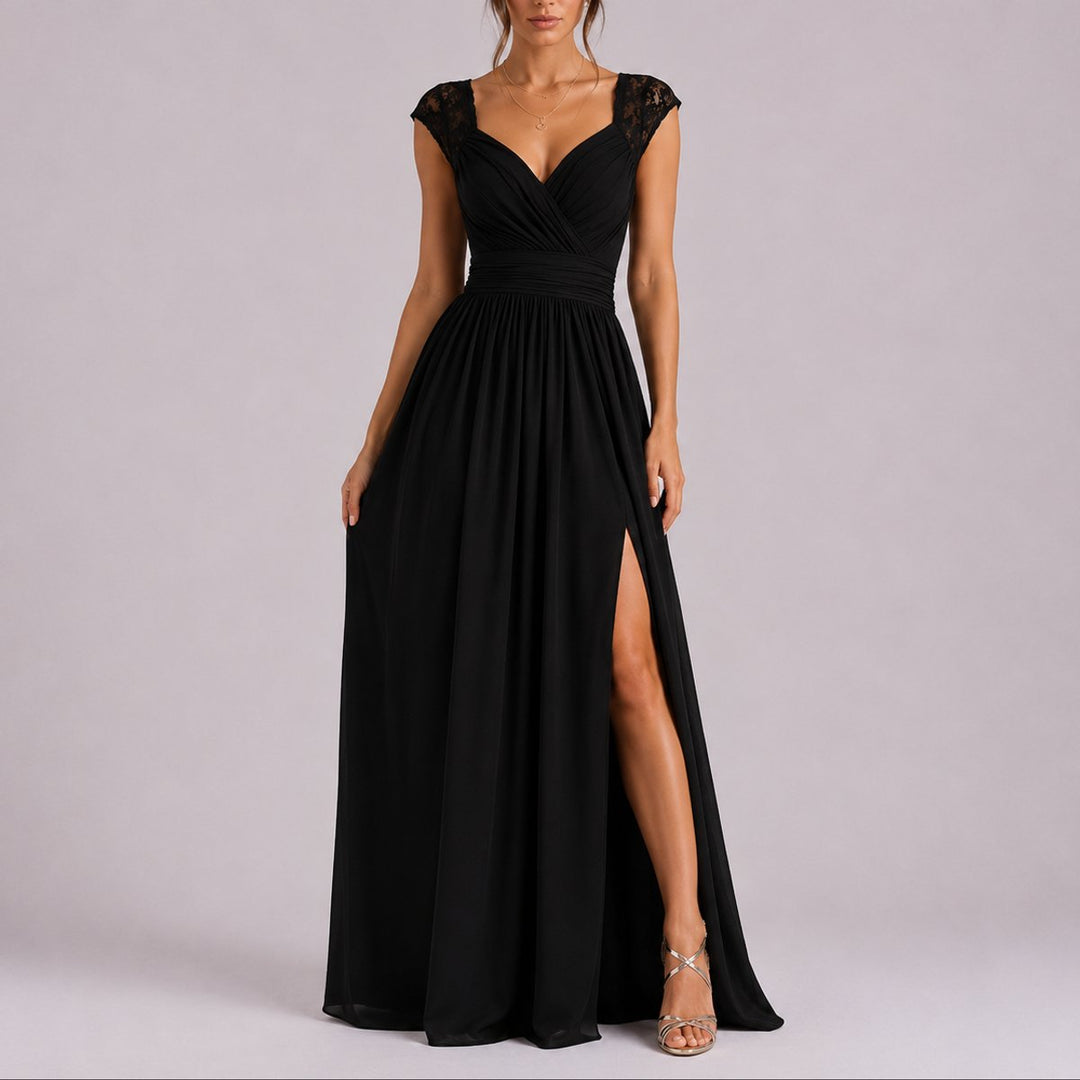 Women's Lace Shoulder V-Neck Chiffon Fall Wedding Guest Maxi Dress - Black