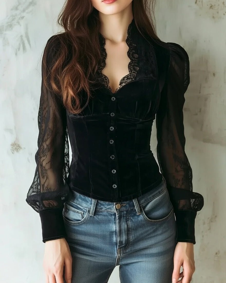 Women's Lace-Sleeve Velvet Button-Front Corset Blouse - Black