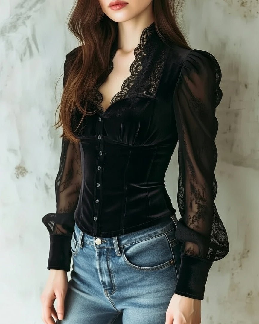 Women's Lace-Sleeve Velvet Button-Front Corset Blouse