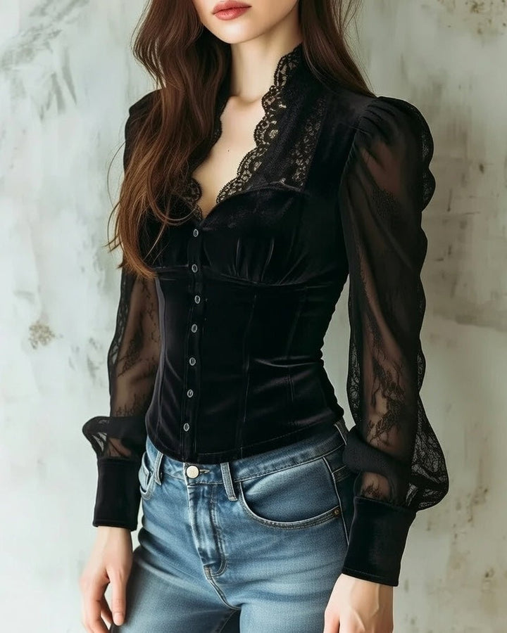 Women's Lace-Sleeve Velvet Button-Front Corset Blouse