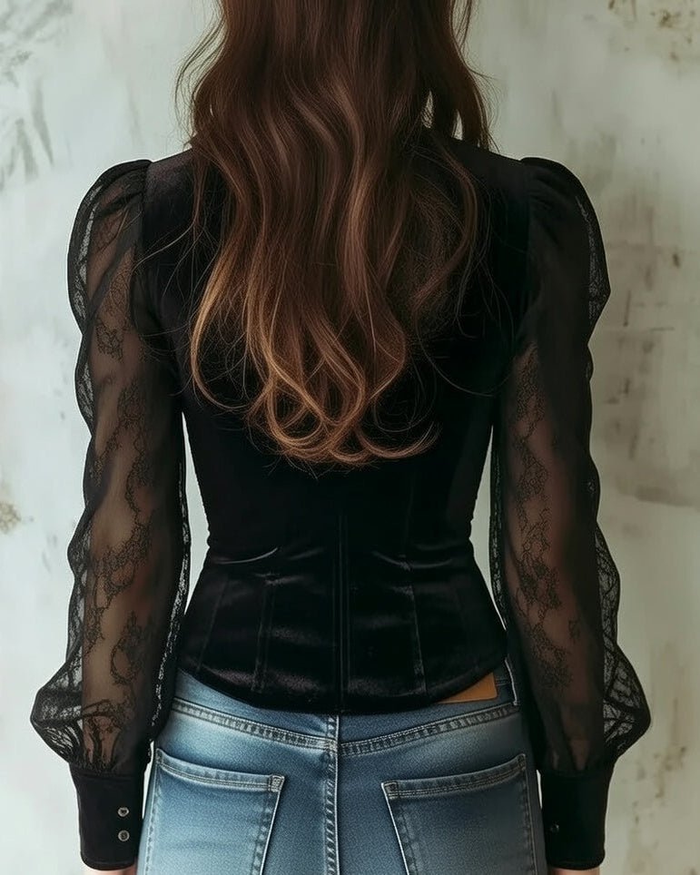 Women's Lace-Sleeve Velvet Button-Front Corset Blouse