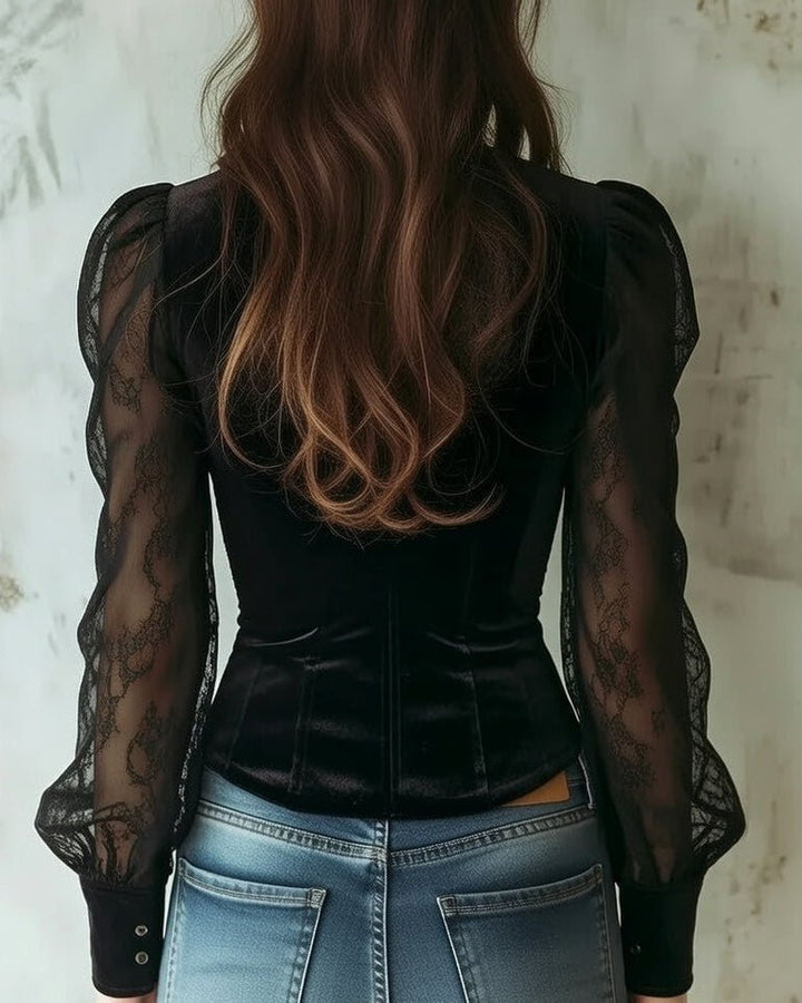 Women's Lace-Sleeve Velvet Button-Front Corset Blouse