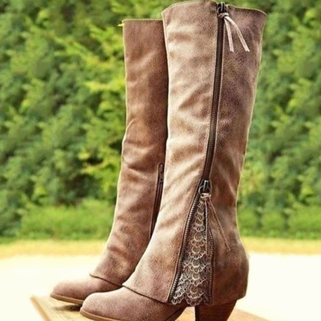 Women's Lace-Trim Block-Heel Knee High Boots Zipper - Brown