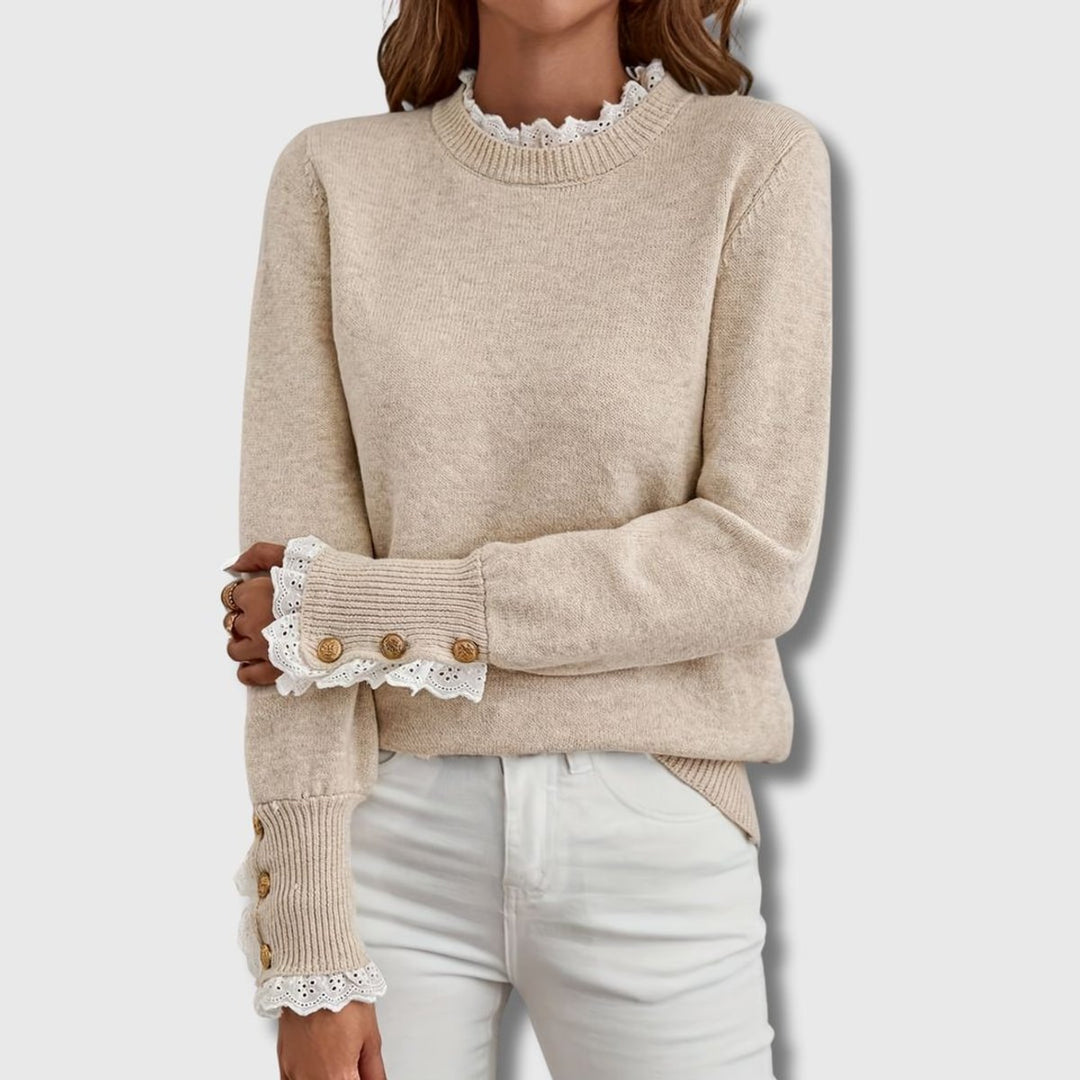 Women's Lace-Trim Button-Cuff Knit Pullover Sweater - Apricot