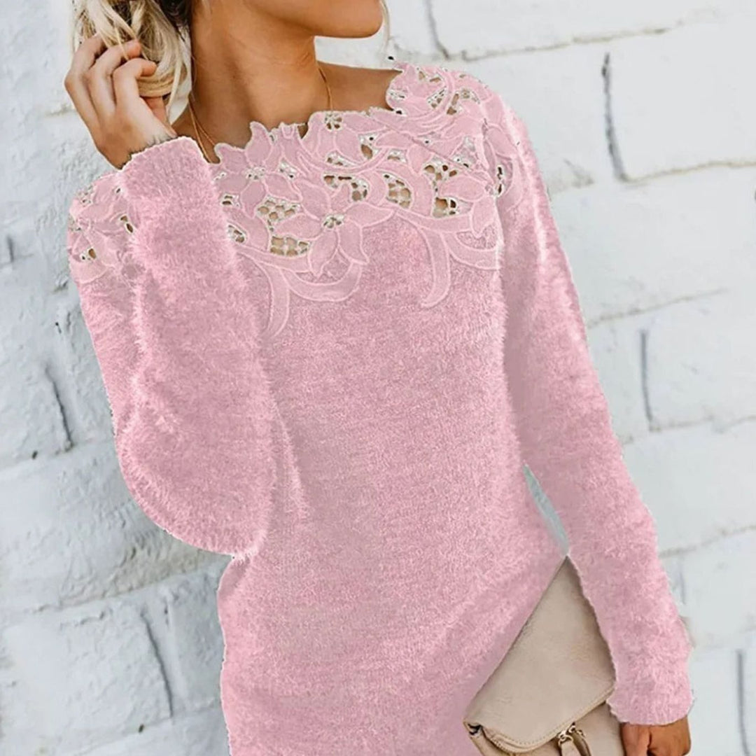 Women's Lace-Trim Floral Embroidered Long-Sleeve Knit Sweater - Pink
