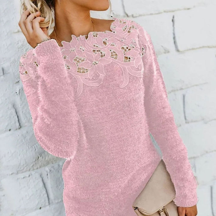 Women's Lace-Trim Floral Embroidered Long-Sleeve Knit Sweater - Pink