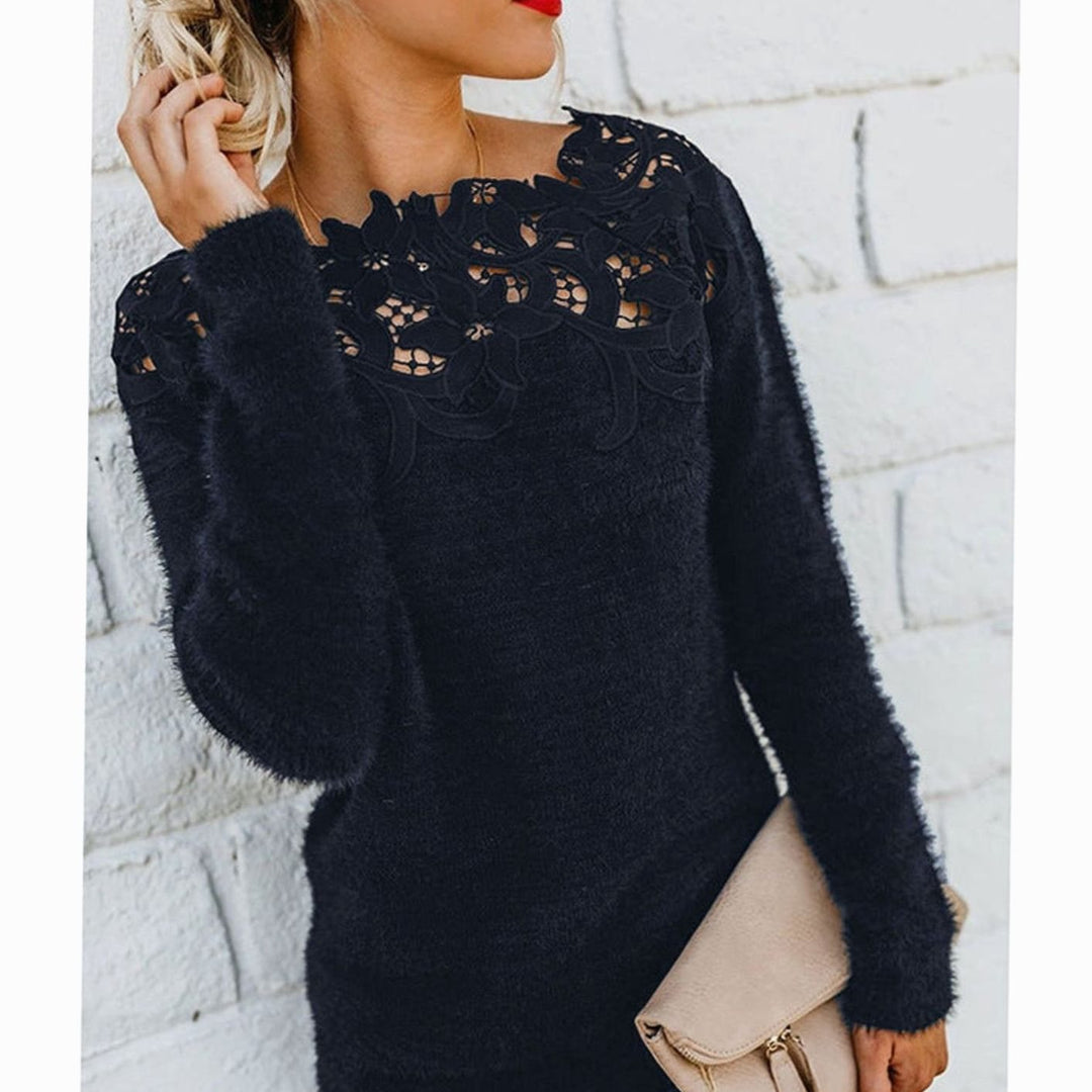 Women's Lace-Trim Floral Embroidered Long-Sleeve Knit Sweater - Black