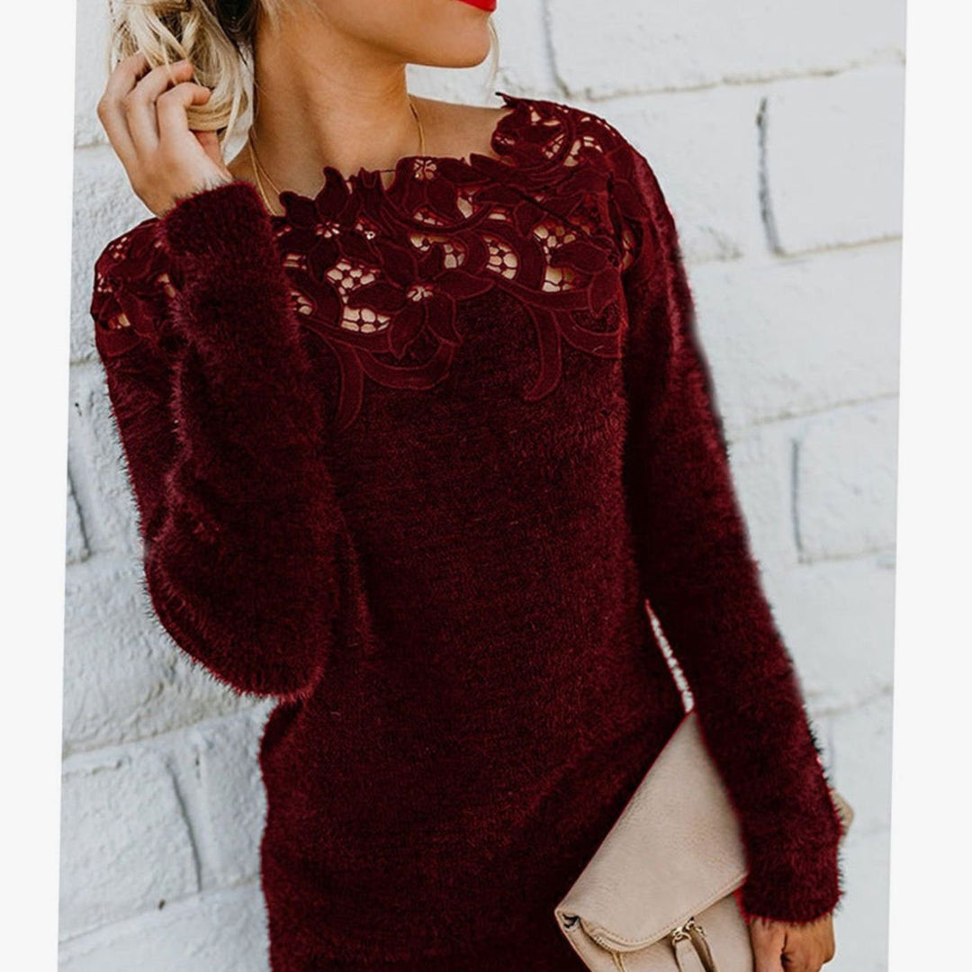 Women's Lace-Trim Floral Embroidered Long-Sleeve Knit Sweater - Red Wine