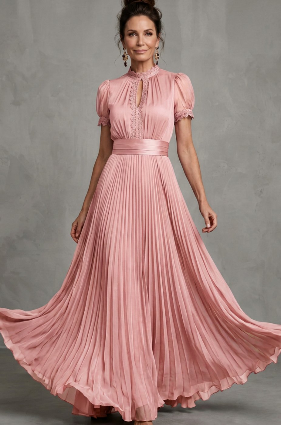 Women's Lace-Trim Puff-Sleeve Pleated Maxi Dress - Blush Pink