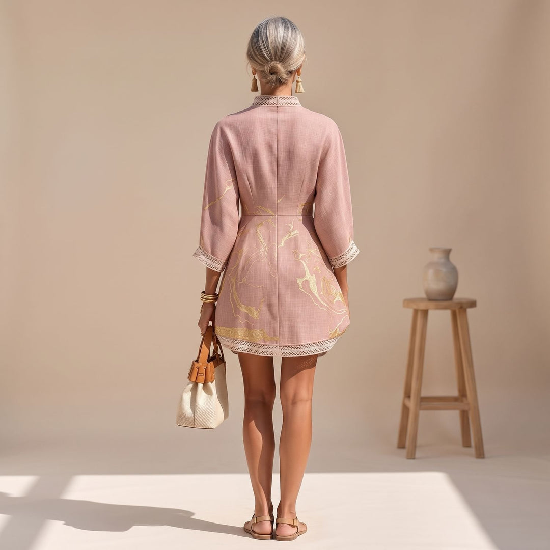 Women's Lace-Trim V-Neck Gold Print Linen Mini Dress