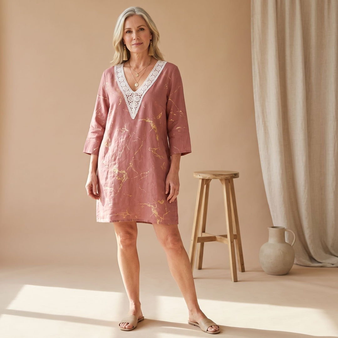 Women's Lace-Trim V-Neck Gold Print Linen Mini Dress