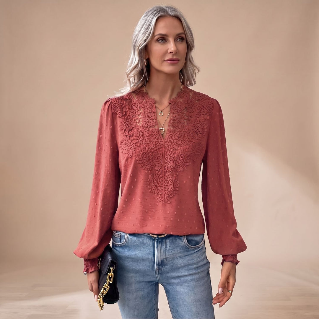 Women's Lace-Trim V-Neck Long Sleeve Swiss Dot Blouse - Red