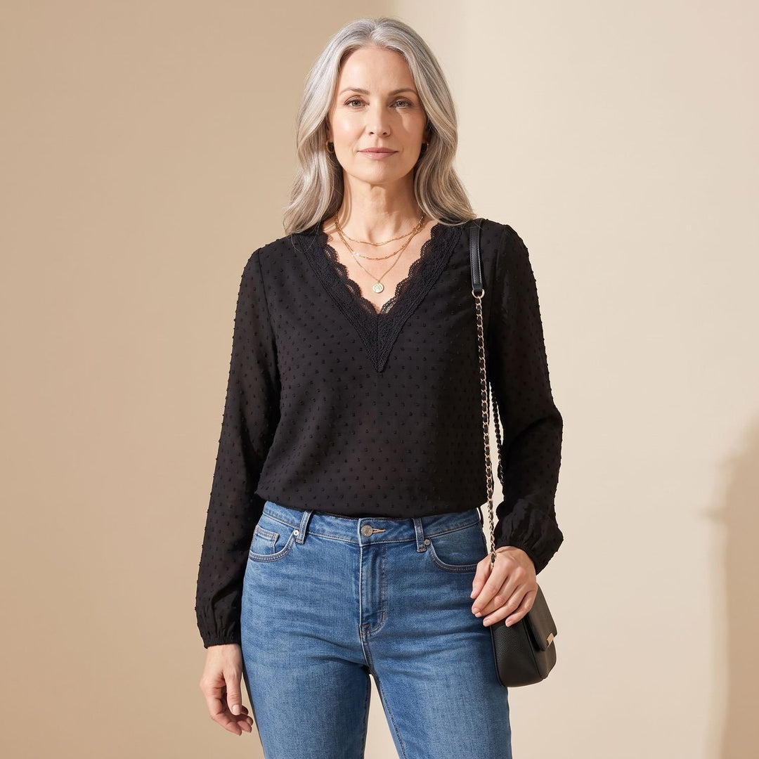 Women's Lace-Trim V-Neck Long Sleeve Swiss Dot Blouse - Black