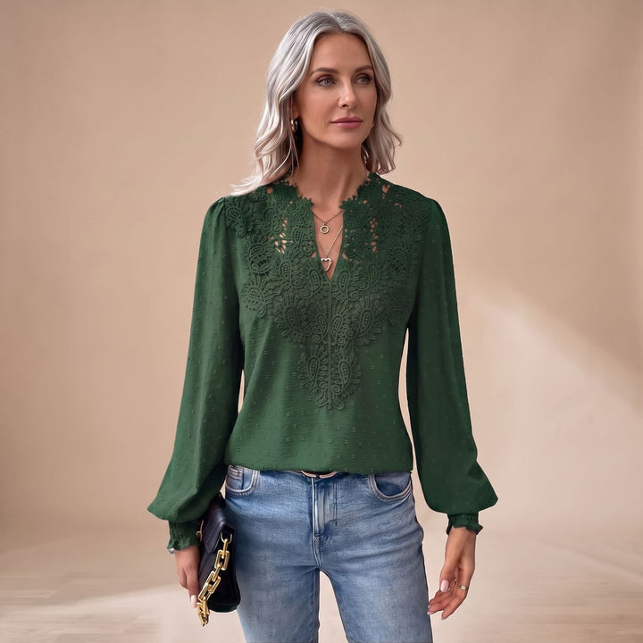 Women's Lace-Trim V-Neck Long Sleeve Swiss Dot Blouse - Green